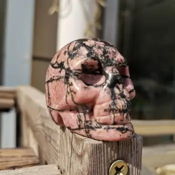 

2" Natural Rhodonite skull gemstone crystal carving Halloween decoration