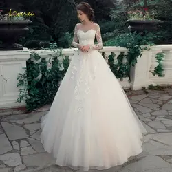 Loverxu иллюзия совок бальное платье Свадебные платья 2019 аппликация с длинным рукавом кружева невесты платье развертки свадебное платье с
