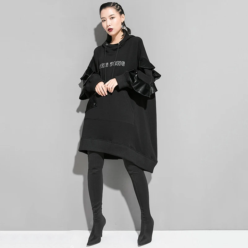 [EAM] Loose Fit Asymmetrical Ruffles Oversized Sweatshirt New Hooded Long Sleeve Women Big Size Fashion Autumn Winter 1K444