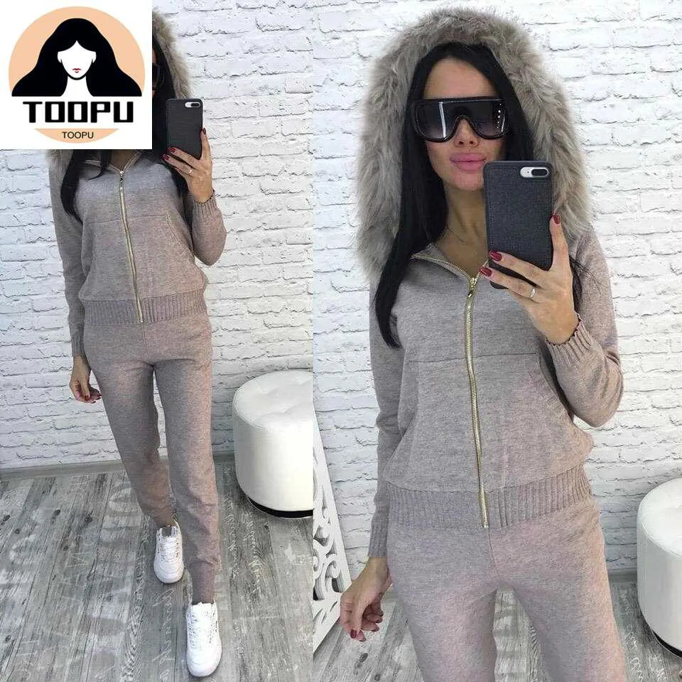

Womens Knitting Two Piece Set Cardigan Sweater Casual Tracksuits High Waist Pencil Pants Clothes 2020 with Fur Hat