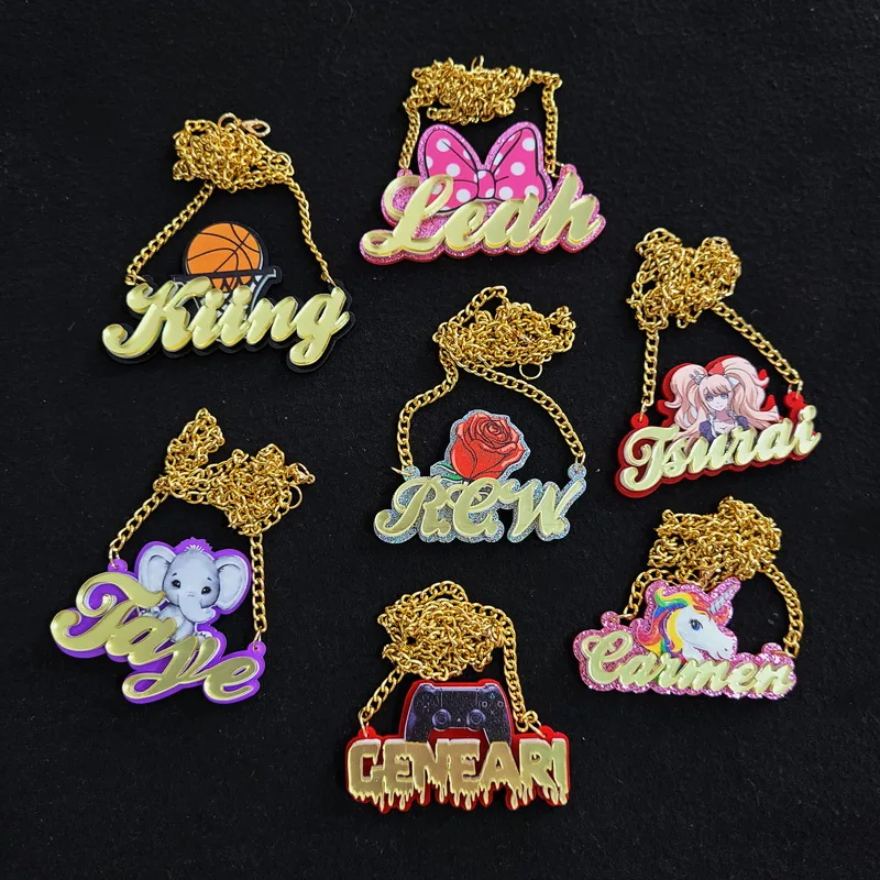 

Personalised Kids Nameplate Jewelry Custom Any Cartoon Character Name Necklaces acrylic laser Letter Necklaces Pendants Collier