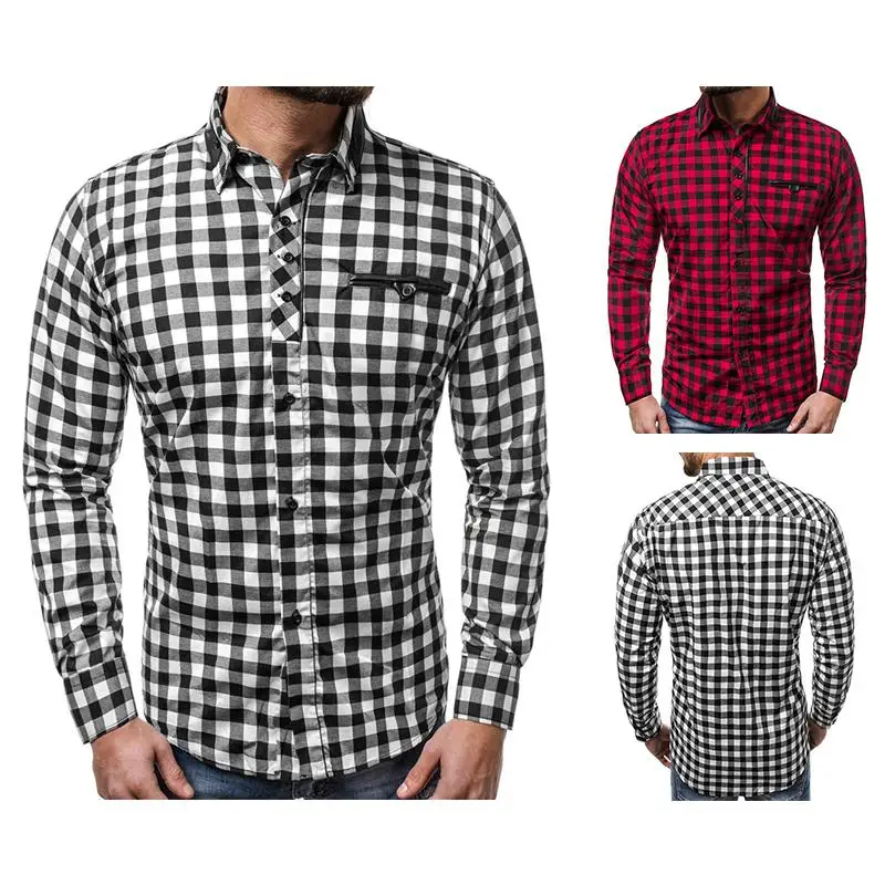 Plaid Shirt for Men Social Lattice Men Shirt Long sleeve Grid Casual dress Blouse Men Red Black