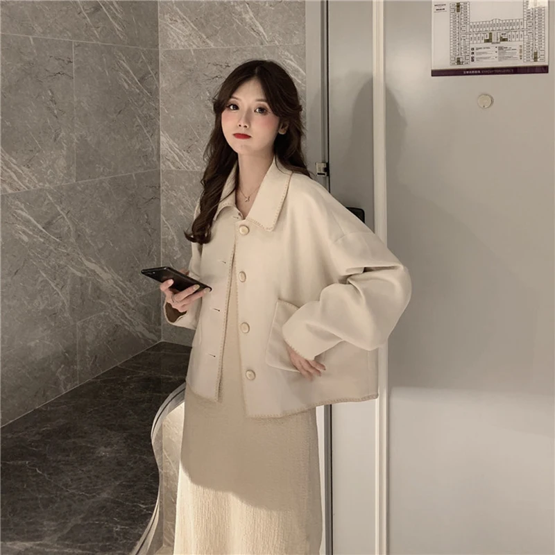 Wool Blends Women Solid Chic Single Breasted Pockets Kawaii Short Jacket Casual All-match Thick Coat Womens Elegant Woolen Coats