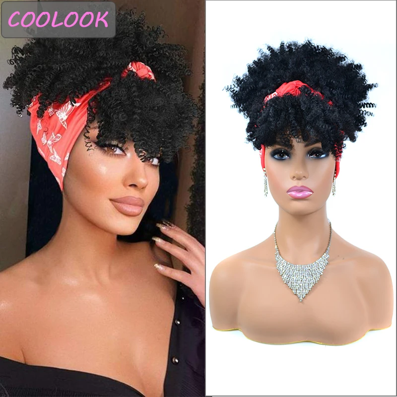Puff pelucas de diadema para las mujeres negras 10 pulgadas Afro corto rizado de Peluca de alta temperatura sintético turbante Pelo Rizado Afro peluca