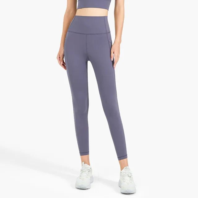 Lulu Women Sports Pants Breathable High Waist Yoga Leggings With Side Pockets Athletic Fitness Clothing Butter Soft Custom Logo Gray purple