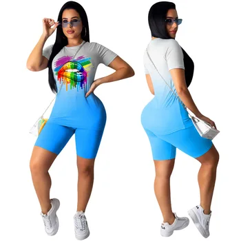 

2020 lips Casual Two Piece Set Clothes Women Summer Colorful Print hole o-neck t-shirt shorts pants suit sports tracksuit outfit