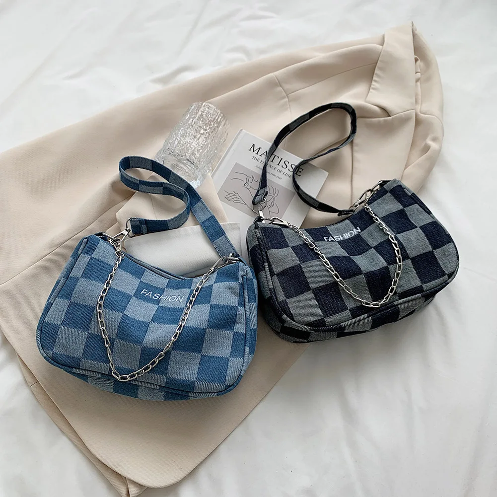 Ladies Fashion Denim Plaid Pattern Print Shoulder Underarm Bag Women Chain Bags Girls Leisure Shopping Handbags |
