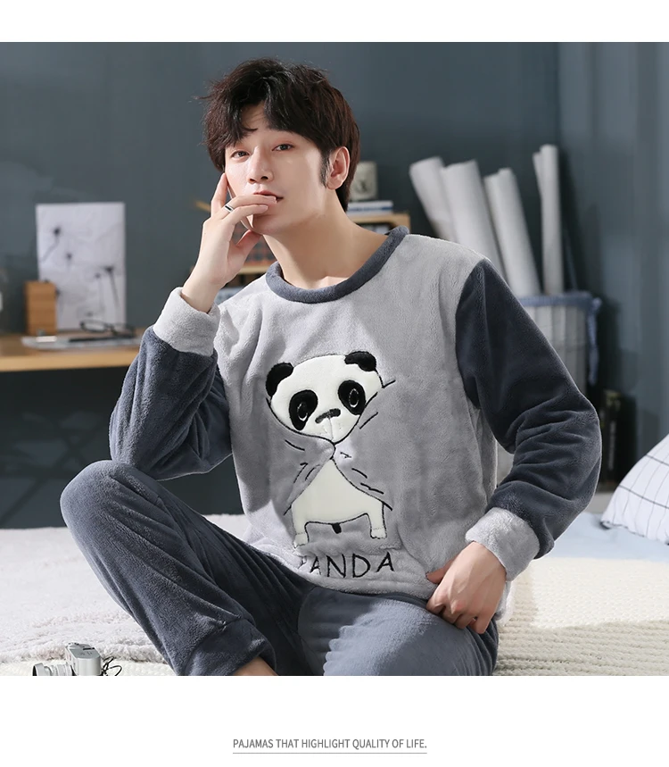 3XL 4XL 5XL 95kg Nightwear Long Sleeve Winter Warm Flannel Pajamas Sets Print Sleepwear Long Pant Male Men Pajama Set men's loungewear sets