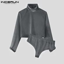 Men Pajamas Sets Homewear Solid Color Velour Sexy Turtleneck Crop Tops Sleepwear & Briefs Two Pieces Men Pyjamas Suits INCERUN