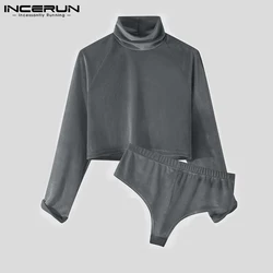 Men Pajamas Sets Homewear Solid Color Velour Sexy Turtleneck Crop Tops Sleepwear & Briefs Two Pieces Men Pyjamas Suits INCERUN