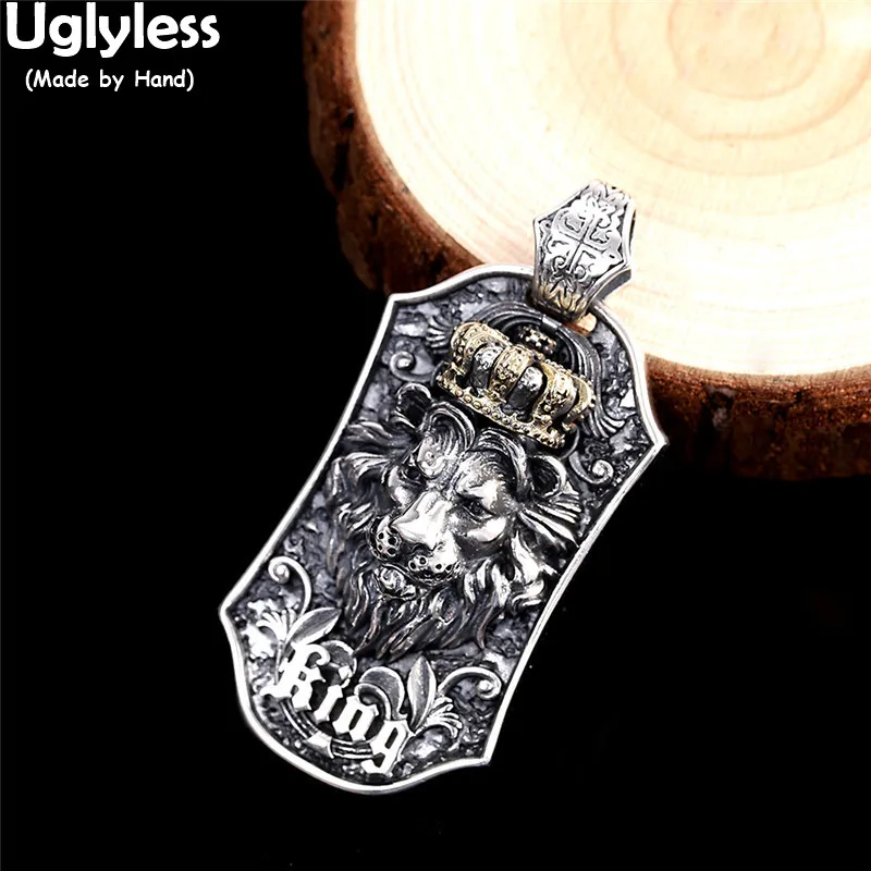 

Uglyless Crown for King Lion Cool Men Square Medal Pendants Necklaces NO Chains Thai Silver Animals Loins Necklaces 925 Silver
