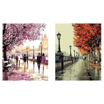 

2 Set Paint By Number Kit Diy Acrylic Painting Kit with Brushes - Love Autumn & Couple Under Cherry Blossom