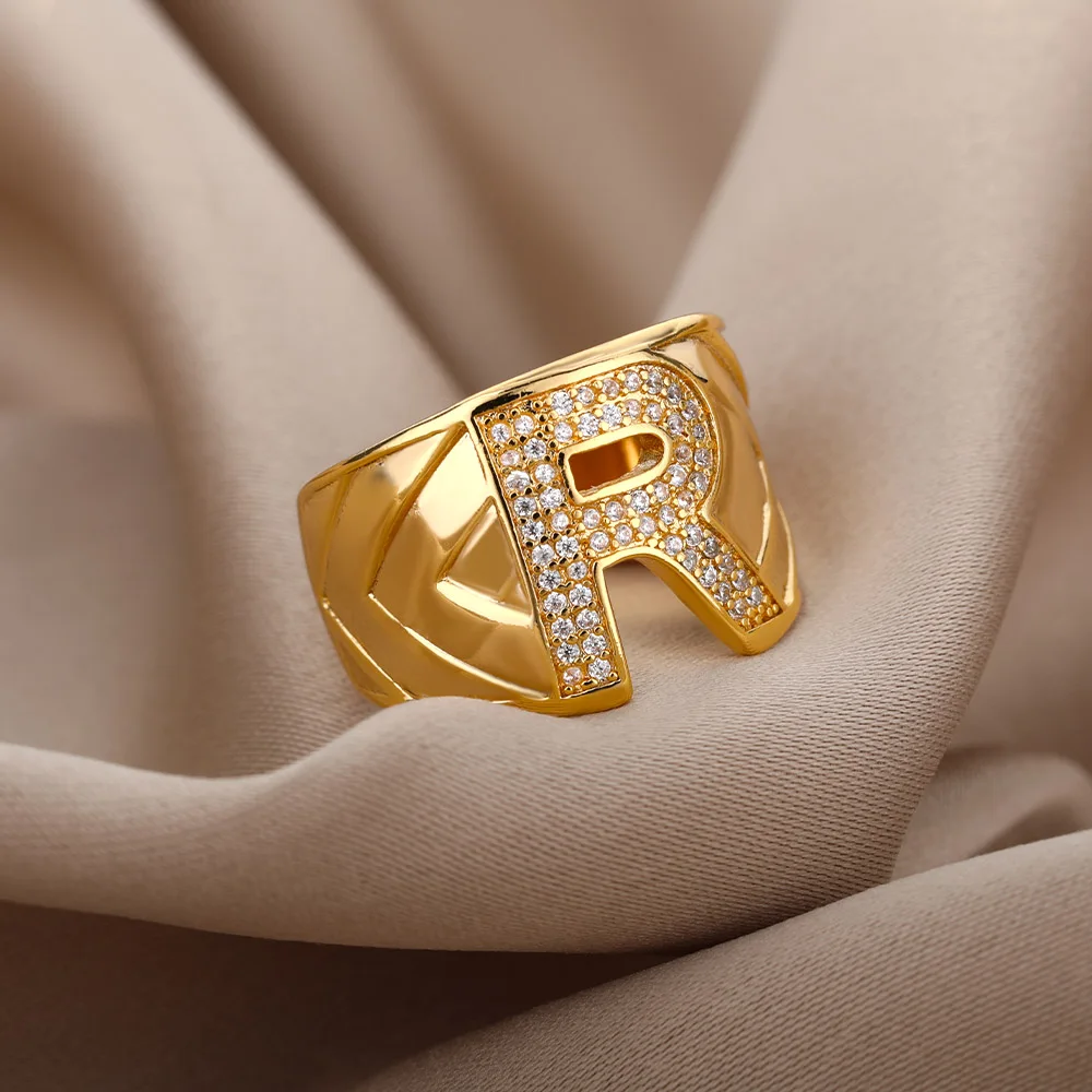 Punk Thick Hollow Initial Letter Rings For Women Men Gold
