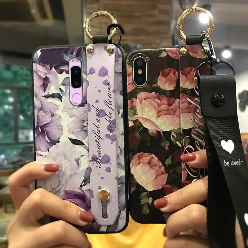 

Phone Case For Meizu Note 8 Lanyard 6.0-inch Shockproof Flower Series Delicate Painted TPU Silicone Cover Phone Holder