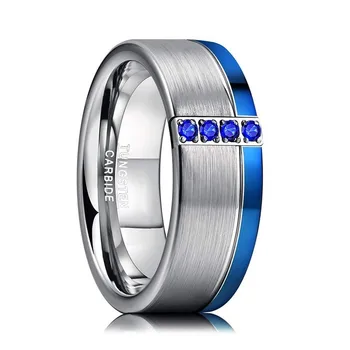 

2020 Valentine's Day Gift for Men Trendy Silver Frosted Blue Strip Surface Blue Zircon Carbide Tungsten Steel Ring Men's Jewelry