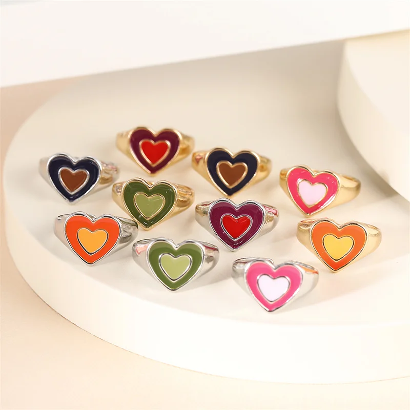 Enamel Colorful Tai Chi Gossip Rings Candy Color Metal Heart For Women Vintage Drip Oil Rings Finger Jewelry 2024 INS Fashion