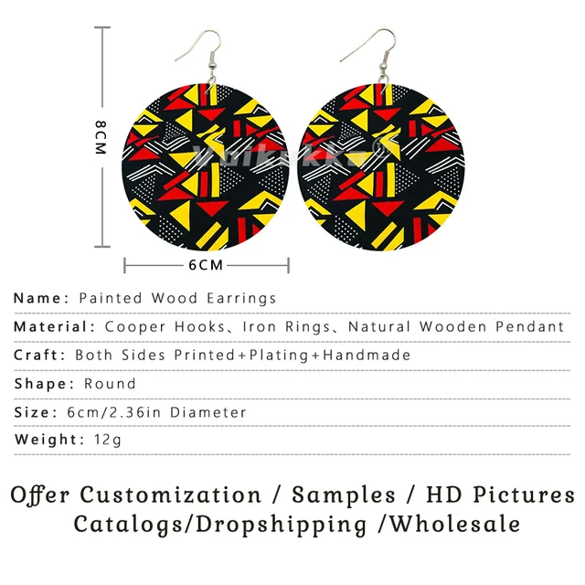 Voikukka jewelry african ethnic fabric pattern leaf wood double sides print round drop dangle women earrings