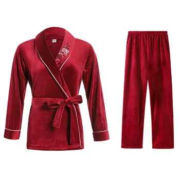 

Spring Warm Sleepwear Women 2PCS Sleep Set Pajamas Suit Embroidery Flower Nightgown Kimono Bathrobe Gown Soft Homewear Nightwear