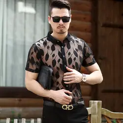 Черный лист кружева прозрачная рубашка для мужчин 2019 Роскошная вышивка мужские платья рубашки для ночного клуба вечерние сексуальные