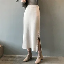 Вязаная юбка осень новая высокая талия прямой подол Сплит вилка вязаная юбка темперамент Сумка бедра юбка