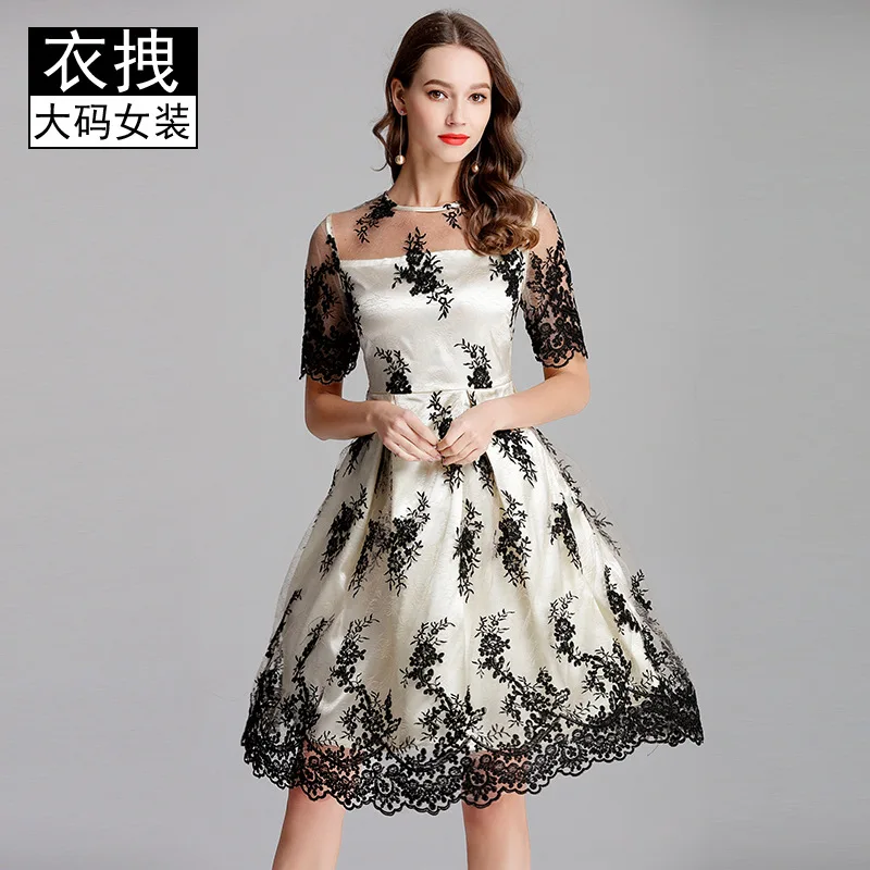 

Large Size Embroidered Formal Dress 2019 New Style Summer Short Sleeve Embroidery Lace Retro Slimming Dress 200 Skirt