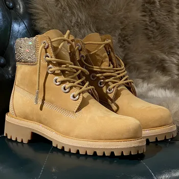 

Women's natural suede leather lace-up flats ankle boots crystal decoration fashion female punk martin boots casual shoes women