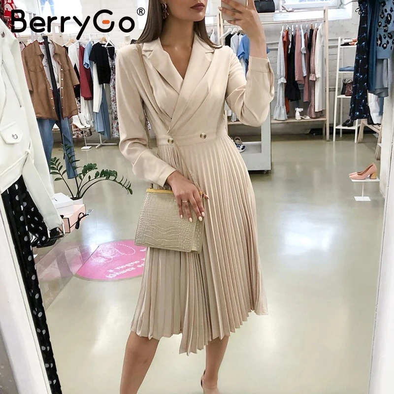 BerryGo элегантное однотонное длинное платье с оборками, женская уличная одежда с длинным рукавом, Осеннее праздничное платье, сексуальное Плиссированное женское офисное платье с лацканами
