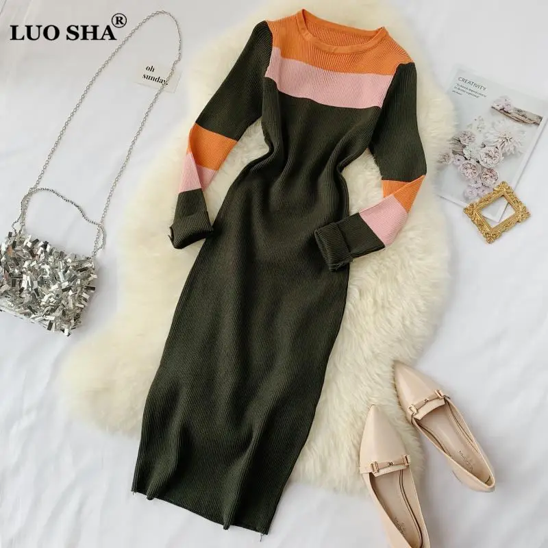

LUOSHA Women 2019 Autumn Winter Long Sleeve Patchwork Knitted Slim Sheath Dress Femme Bottom Hit Colored Vestidos Robe Femme