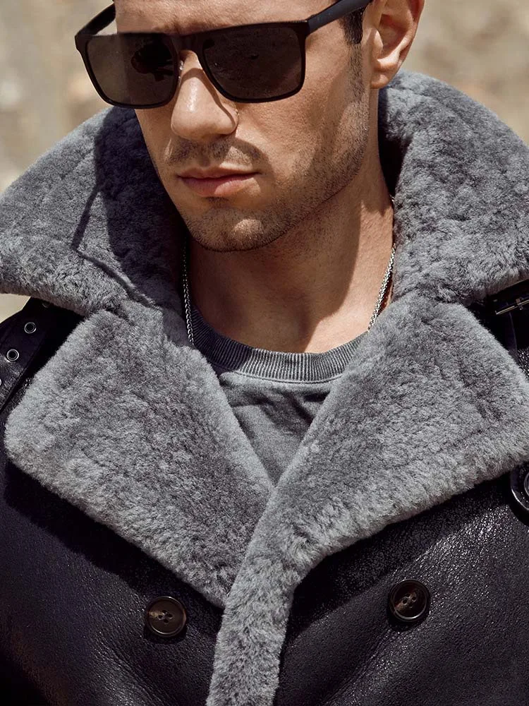 Denny&Dora Mens Shearling Coat Long Fur Outwear Black Leather