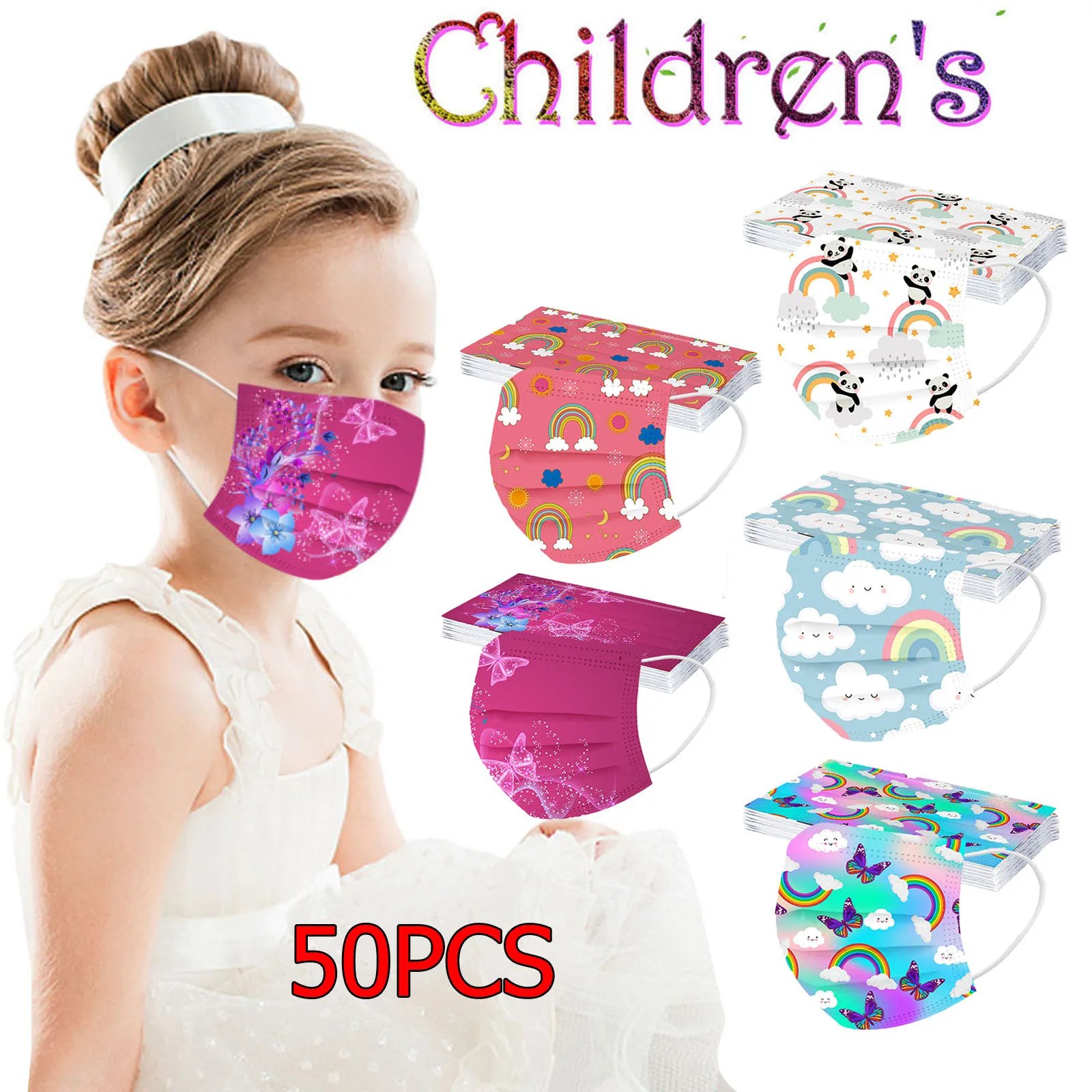 

50PCS Funny Printed Kids Children's Disposable Mask Headband Outdoor Sports masque Protective Face Mask Mascarilla Fast Delivery