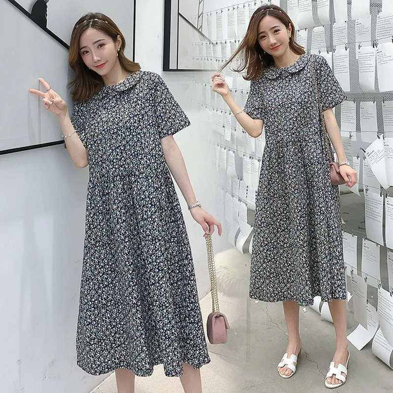 

2019 Summer Cotton Linen Short Sleeve Small Floral Large Size Dress Peter Pan Collar Hipster MORI Series Long Skirts WOMEN'S Dre