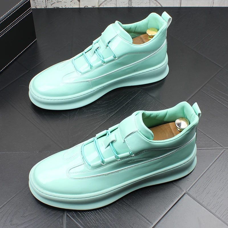 

Korean style men fashion patent leather boots blue flats platform shoes punk hip hop dress cowboy boot breathable ankle botas
