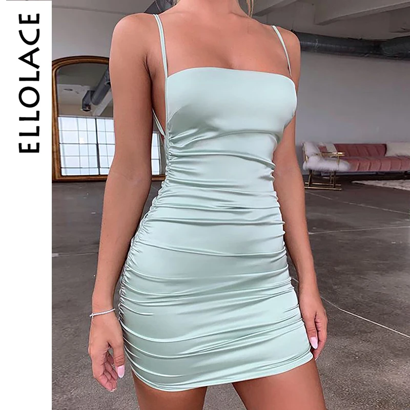 

Ellolace Sexy Elegant Strap Mini Dress Women Backless Silk Bodycon Summer Party Dress Female Clothes Solid 2019 New Satin Dress