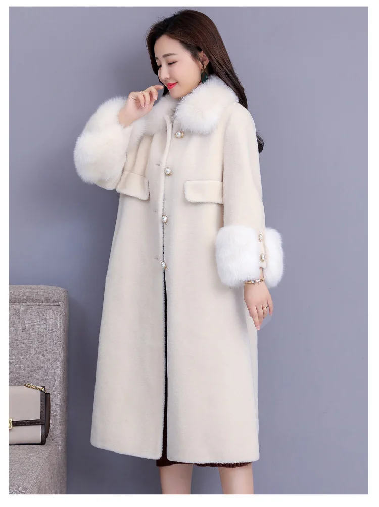 Женское пальто из искусственного меха, M-4XL, большие размеры, топы, куртка, Осень-зима, новинка, длинный рукав, синий, бежевый, модное длинное пальто из искусственного меха, LD1223