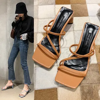 

Womens Slippers Indoor High Heels Casual Women Shoes House Slippers Square toe Thick Heel Slipper Summer Cool Flat Slipper