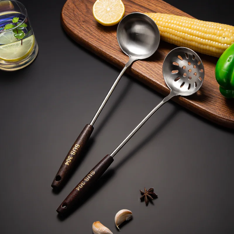 Stainless Steel Spatula Kitchenware Sets Anti-Scalding Wooden Handle Soup Spoon Colander Frying Shovel Kitchen Cooking Utensils