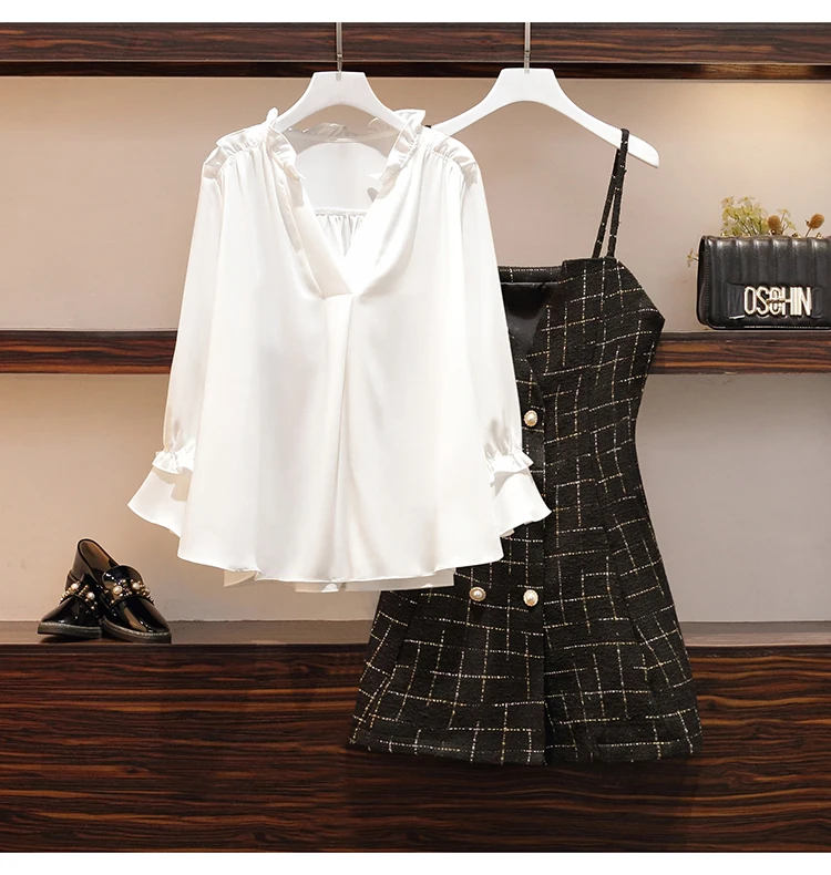 Trytree, весенний комплект из двух предметов, Повседневная белая блузка с v-образным вырезом и расклешенными рукавами, топ+ платье на пуговицах, мини-комплект в клетку, комплект из 2 предметов