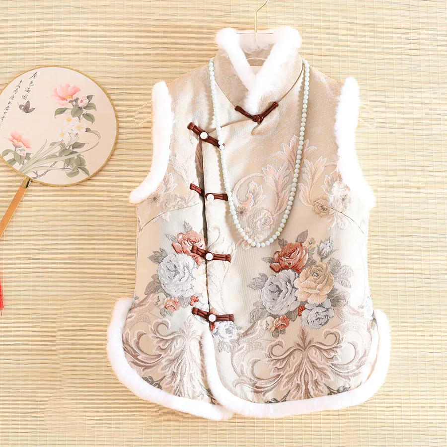 

High-end New Style Autumn Women Cotton Vest Top Stitching Rabbit Hair Chinese Style Retro Jacquard Elegant Lady Sleeveless Vest