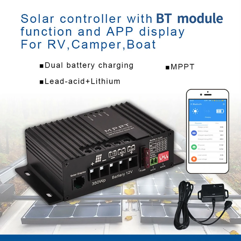 Controlador de Carregamento Solar Inteligente, Bateria Dupla,