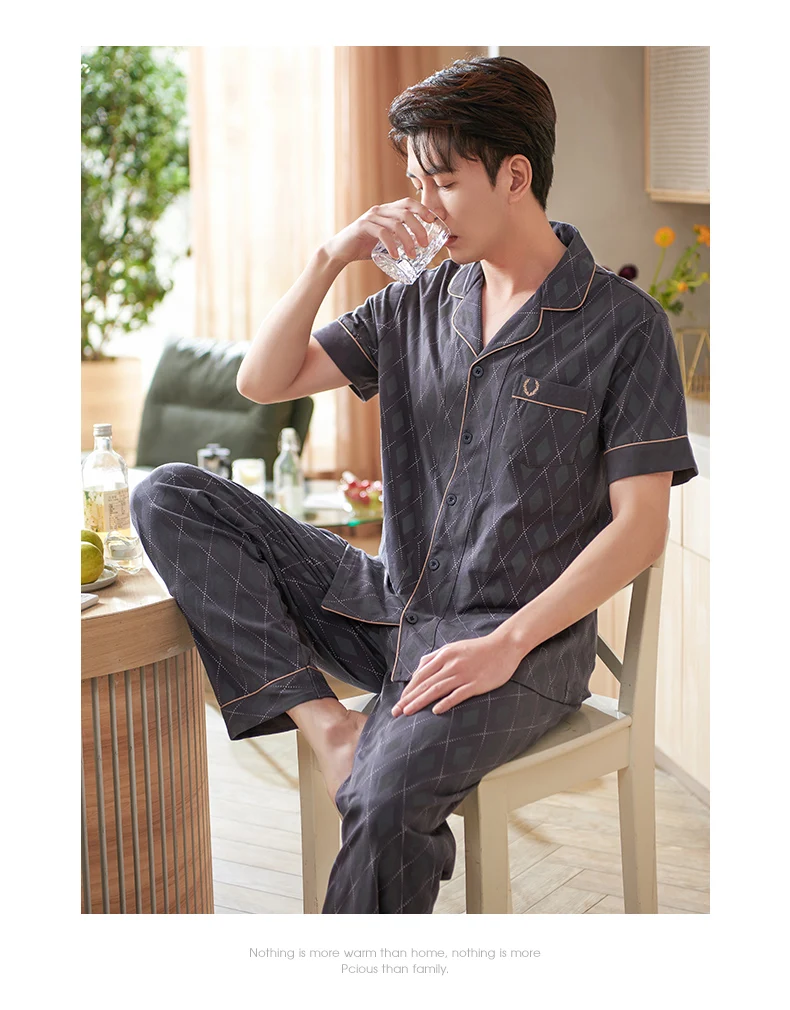 white cotton pyjamas Men Turn-Down Collar Pajamas Set Summer Modal Male Pyjamas Loose Men Home Set Sleepwear Short-sleeve Cardigan Tops + Long Pants mens cotton pyjamas