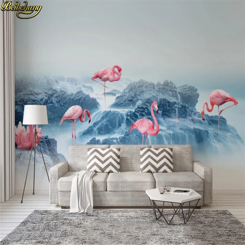 beibehang Custom wall paper nordic small fresh reef sea flamingo mood background wall papel pintado de pared 3d wallpaper