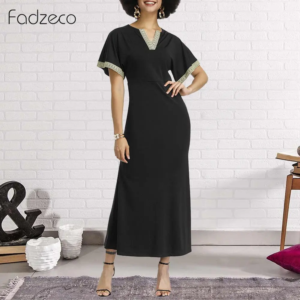 

Fadzeco African Dresses for Women Dashiki Short Sleeve V Neck Lace Deco Long Maxi Dress Ethnic Tribal Print Summer Dress Party