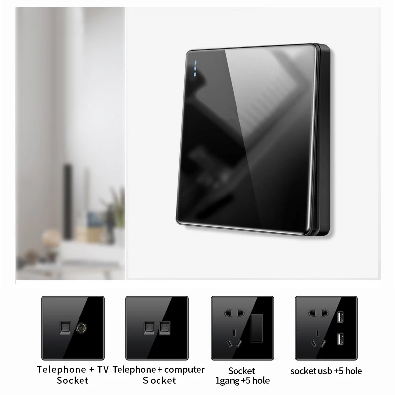 

KAMANNI Luxury Light Switch General Standard Crystal Tempered Glass 2Gang 2 Way Switch Black Power Push Botton light Switch 220V