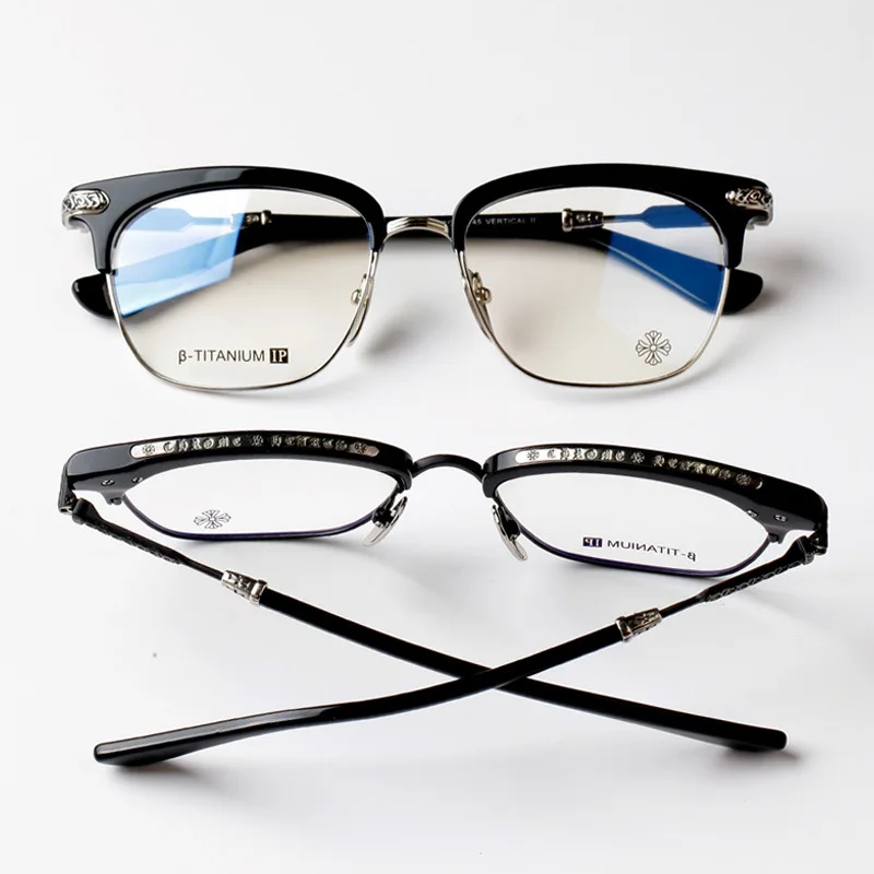 

Men And Women Cool Fashion Glasses Frame Vertical II Retro Flower Tattoo Half-frame Pure Titanium Ultra-Light Myopia Eyeglasses