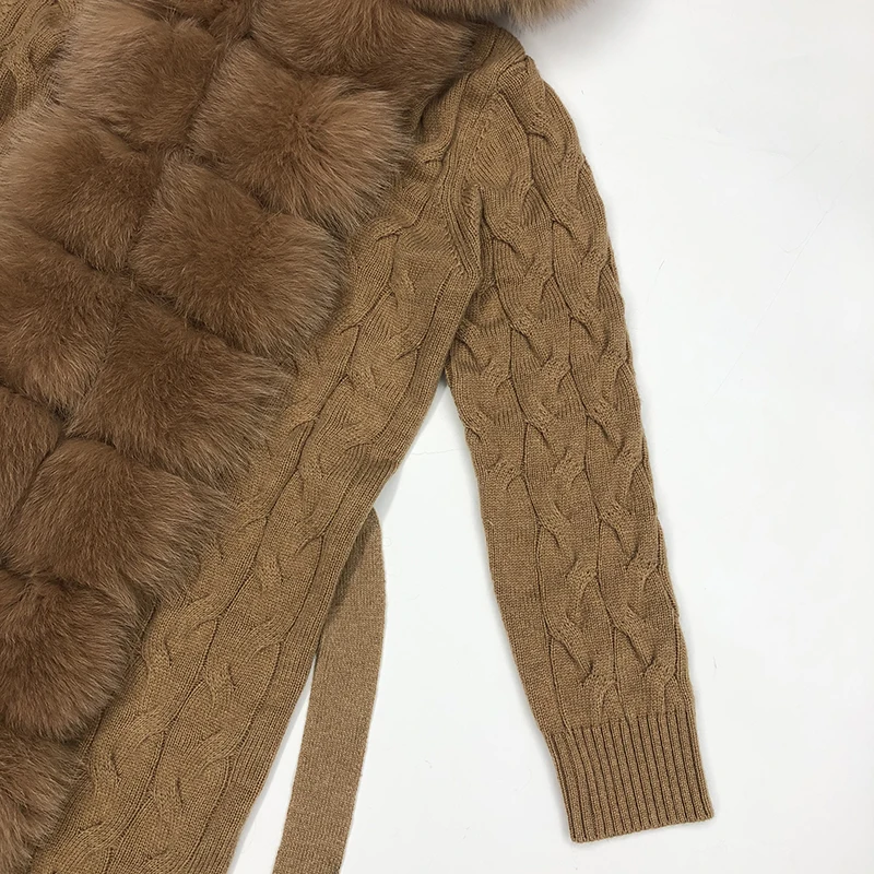 cable knit sweater Winter Women X-Long Casual Fashion Belted Thick Wool Hooded Knitted Sweater Cardigan With Real Fox Fur Trim MSJ-S-03 pullover sweater