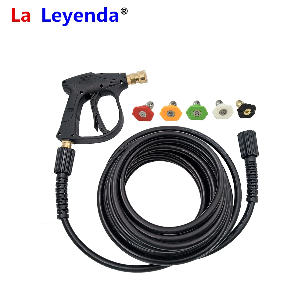 LaLeyenda 5M/7M/10M/15M M22 Male 14mm/15mm diameter Pressure Hose + 5pcs G1/4&quot Quick Release Spray Nozzles Car Washer Pipe Gun |