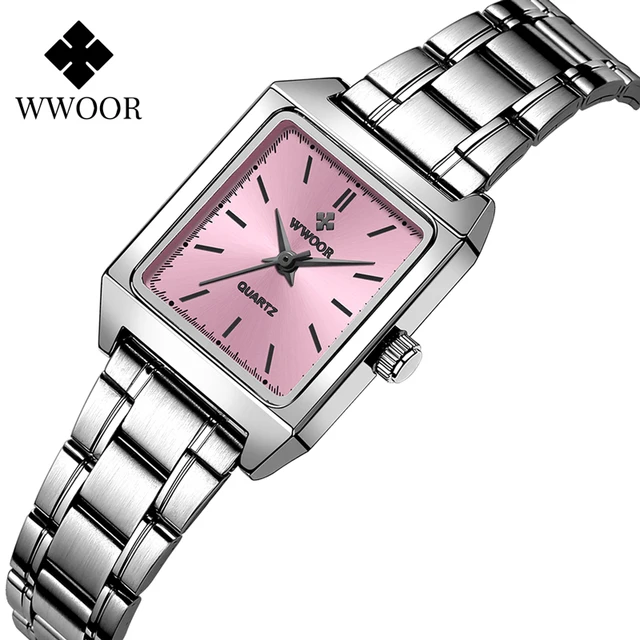 WWOOR Casual Square Women Watches Ultra Thin Small Female Quartz Watch Full Stainless Steel Ladies Wrist Waches Relogio Feminino pink