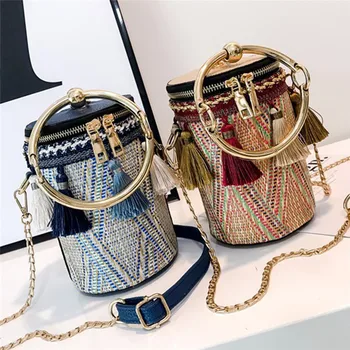 

Tassel Design Unique Single Shoulder Bag New Fashion Contrast Color Chain Diagonal Cross Ring Portable Cylinder Bag