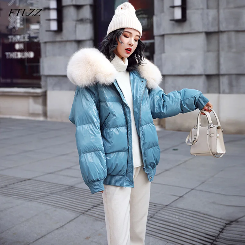 

FTLZZ Large Real Fox Fur Collar White Duck Down Parkas Winter Jacket Women Bright Side Coat Female Loose Snow Outwear
