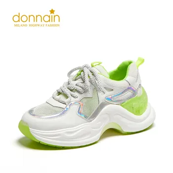 

DONNAIN 2020 New Fashion Women Genuine Leather Sneakers Mesh Breathable Sports Shoes Round Toe Non-slip Cross-tied Casual Shoes